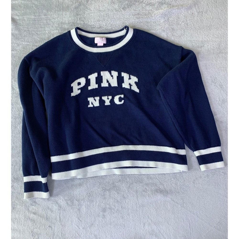 Victoria's Secret Pink Nyc Varsity Knit Sweater Navy Blue White Striped Women S